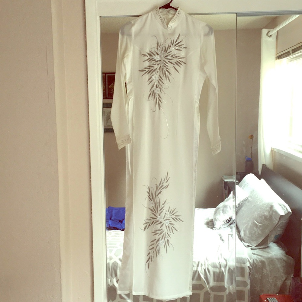 White embroidered Vietnamese style dress
